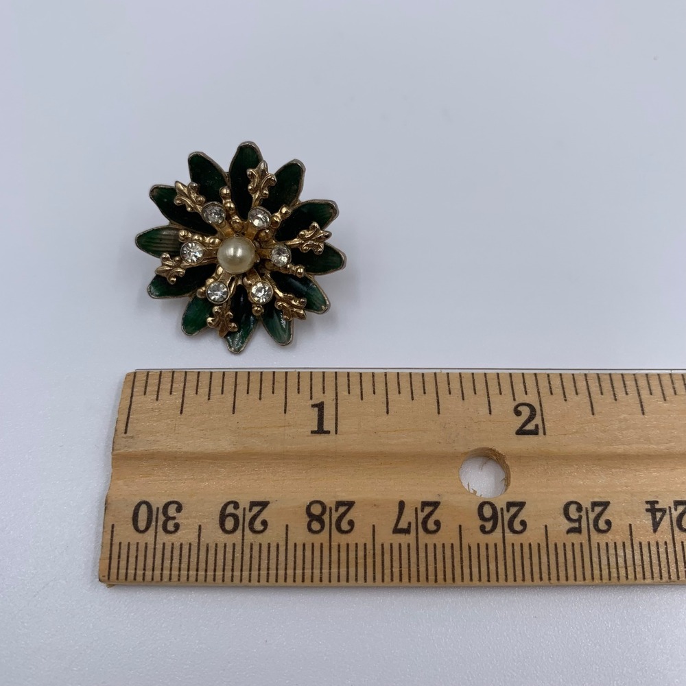 Vtg Mid Century Coro Flower Scatter Pin Brooch Green Enamel Rhinestone Pearl 1"